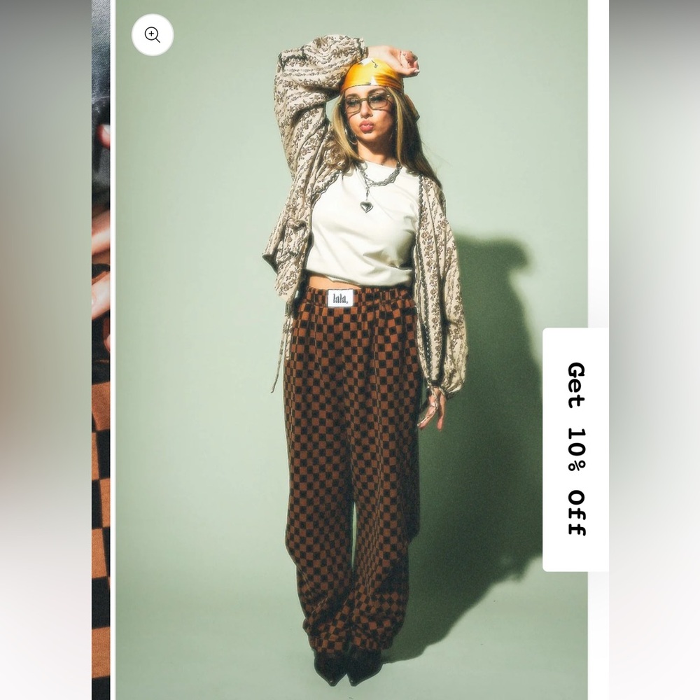 Dressed in LALA Rocky Harem Pants in Caramel + Black Checkerboard